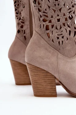 Sale Zazoo 3414 Damskie Ażurowe Botki Na Słupku Zamszowe Cappucino