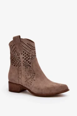 Botki Wiosenne|Botki Skórzane>Zazoo 3305 Damskie Ażurowe Botki Kowbojki Na Niskim Obcasie Zamszowe Cappucino