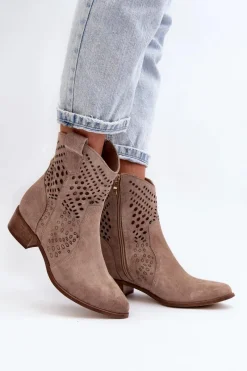 Botki Wiosenne|Botki Skórzane>Zazoo 3305 Damskie Ażurowe Botki Kowbojki Na Niskim Obcasie Zamszowe Cappucino