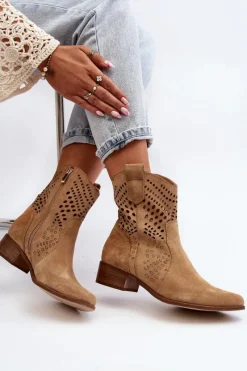 Clearance Zazoo 3305/2 Damskie Ażurowe Botki Kowbojki Na Niskim Obcasie Zamszowe Beżowe