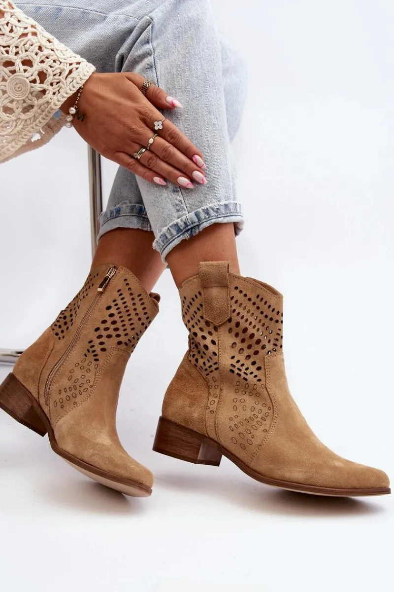Clearance Zazoo 3305/2 Damskie Ażurowe Botki Kowbojki Na Niskim Obcasie Zamszowe Beżowe