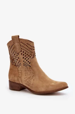 Clearance Zazoo 3305/2 Damskie Ażurowe Botki Kowbojki Na Niskim Obcasie Zamszowe Beżowe