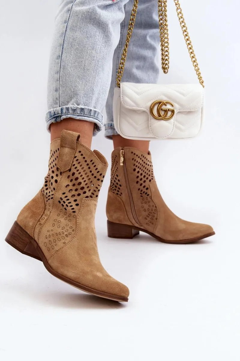 Clearance Zazoo 3305/2 Damskie Ażurowe Botki Kowbojki Na Niskim Obcasie Zamszowe Beżowe