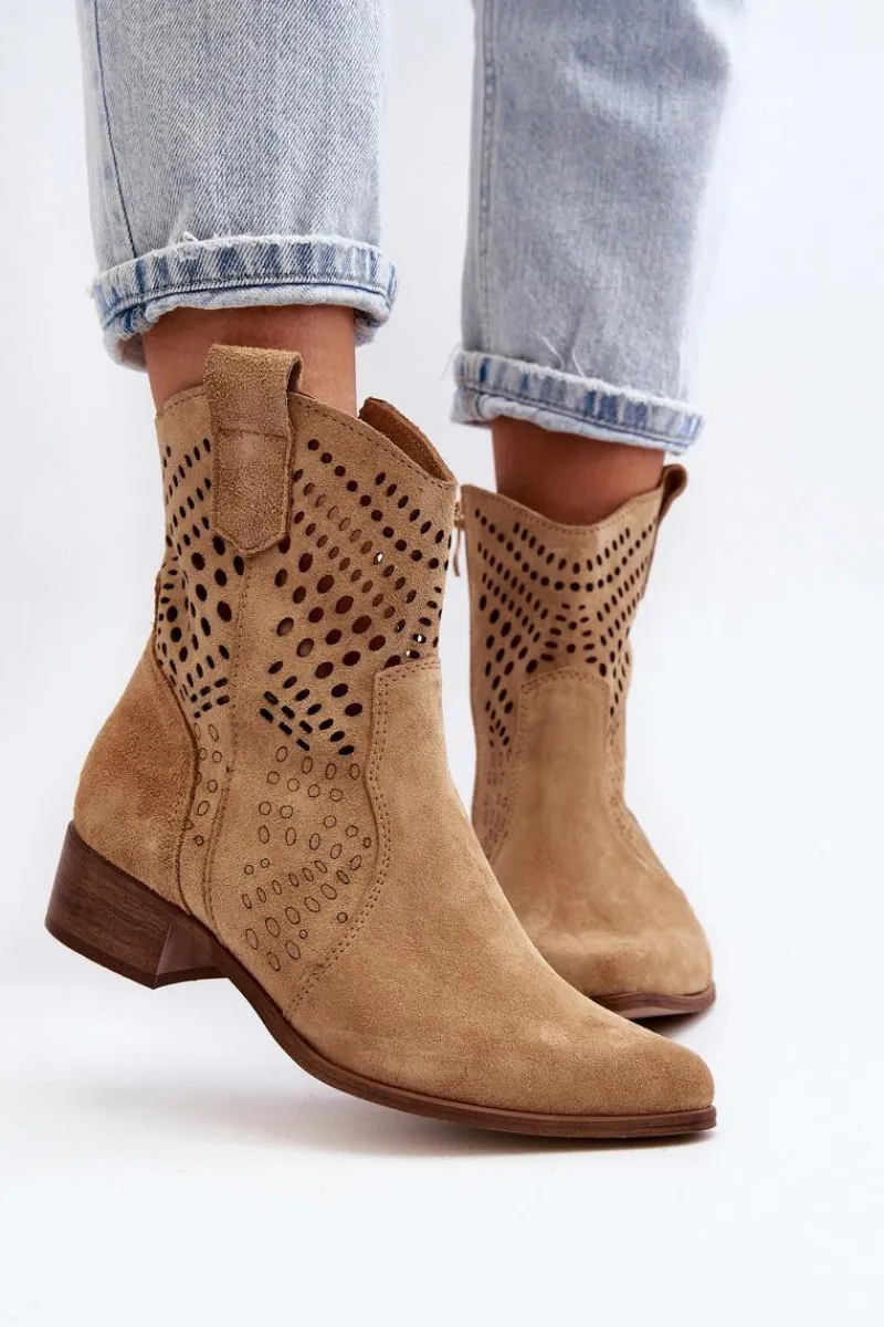 Clearance Zazoo 3305/2 Damskie Ażurowe Botki Kowbojki Na Niskim Obcasie Zamszowe Beżowe