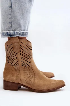 Clearance Zazoo 3305/2 Damskie Ażurowe Botki Kowbojki Na Niskim Obcasie Zamszowe Beżowe