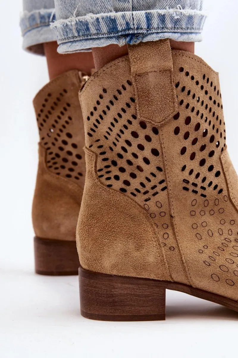 Clearance Zazoo 3305/2 Damskie Ażurowe Botki Kowbojki Na Niskim Obcasie Zamszowe Beżowe