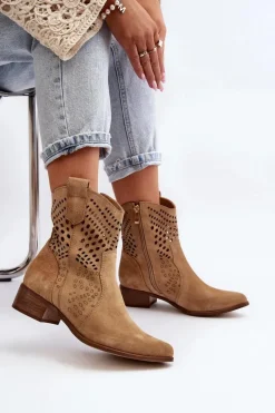 Clearance Zazoo 3305/2 Damskie Ażurowe Botki Kowbojki Na Niskim Obcasie Zamszowe Beżowe