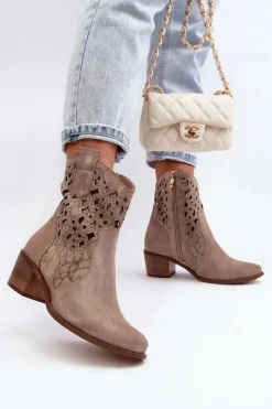Discount 3394 Damskie Botki Na Obcasie Ażurowe Cappucino Damskie Botki Wiosenne|Botki Skórzane