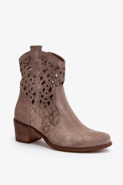Discount 3394 Damskie Botki Na Obcasie Ażurowe Cappucino Damskie Botki Wiosenne|Botki Skórzane