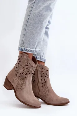 Discount 3394 Damskie Botki Na Obcasie Ażurowe Cappucino Damskie Botki Wiosenne|Botki Skórzane