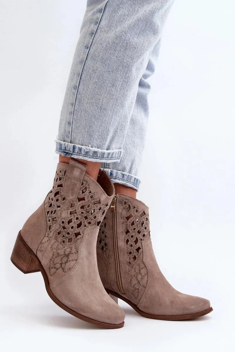 Discount 3394 Damskie Botki Na Obcasie Ażurowe Cappucino Damskie Botki Wiosenne|Botki Skórzane