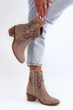 Discount 3394 Damskie Botki Na Obcasie Ażurowe Cappucino Damskie Botki Wiosenne|Botki Skórzane