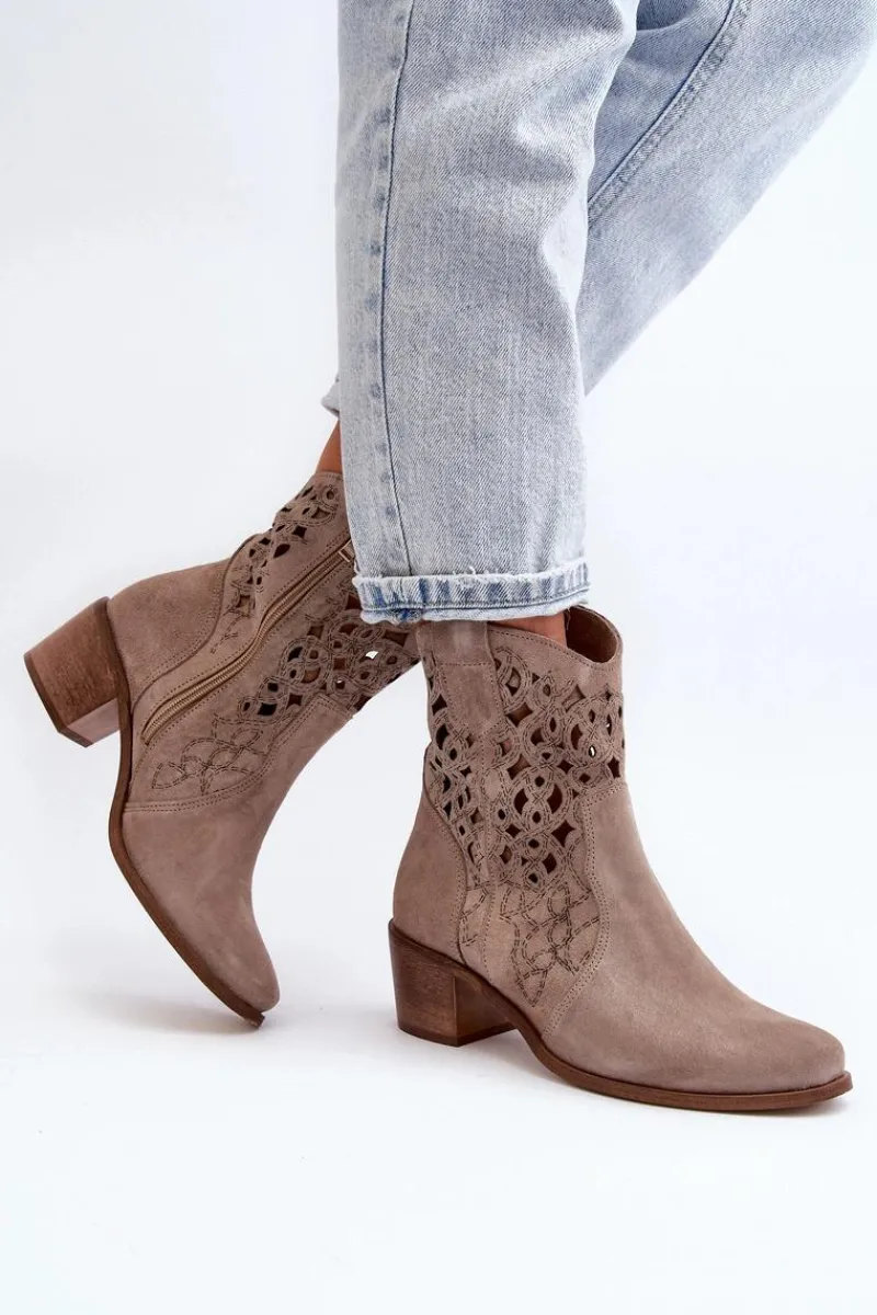 Discount 3394 Damskie Botki Na Obcasie Ażurowe Cappucino Damskie Botki Wiosenne|Botki Skórzane