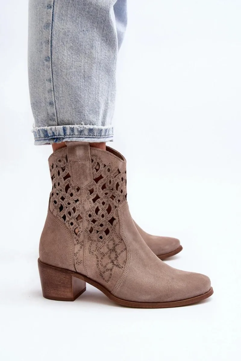 Discount 3394 Damskie Botki Na Obcasie Ażurowe Cappucino Damskie Botki Wiosenne|Botki Skórzane