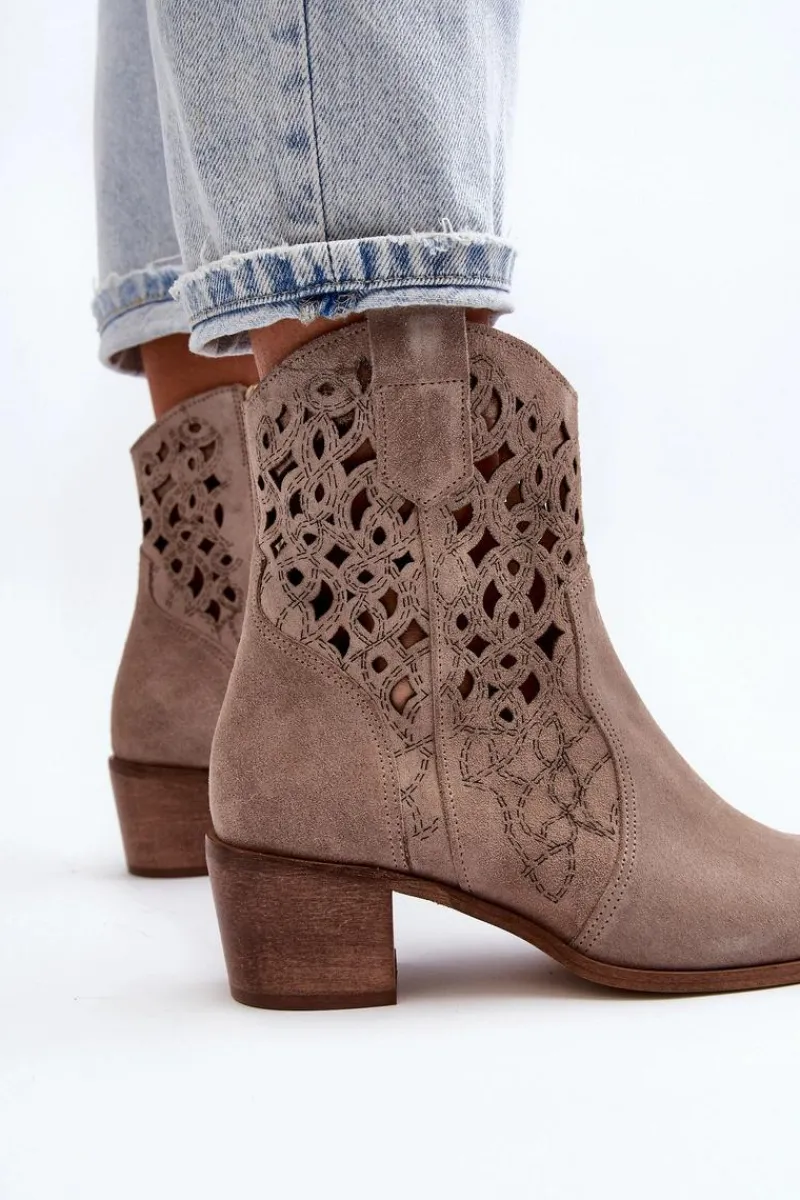 Discount 3394 Damskie Botki Na Obcasie Ażurowe Cappucino Damskie Botki Wiosenne|Botki Skórzane