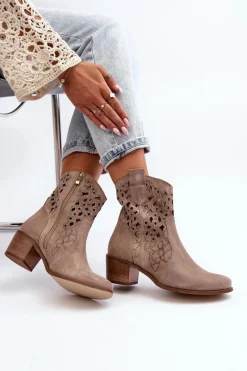 Discount 3394 Damskie Botki Na Obcasie Ażurowe Cappucino Damskie Botki Wiosenne|Botki Skórzane
