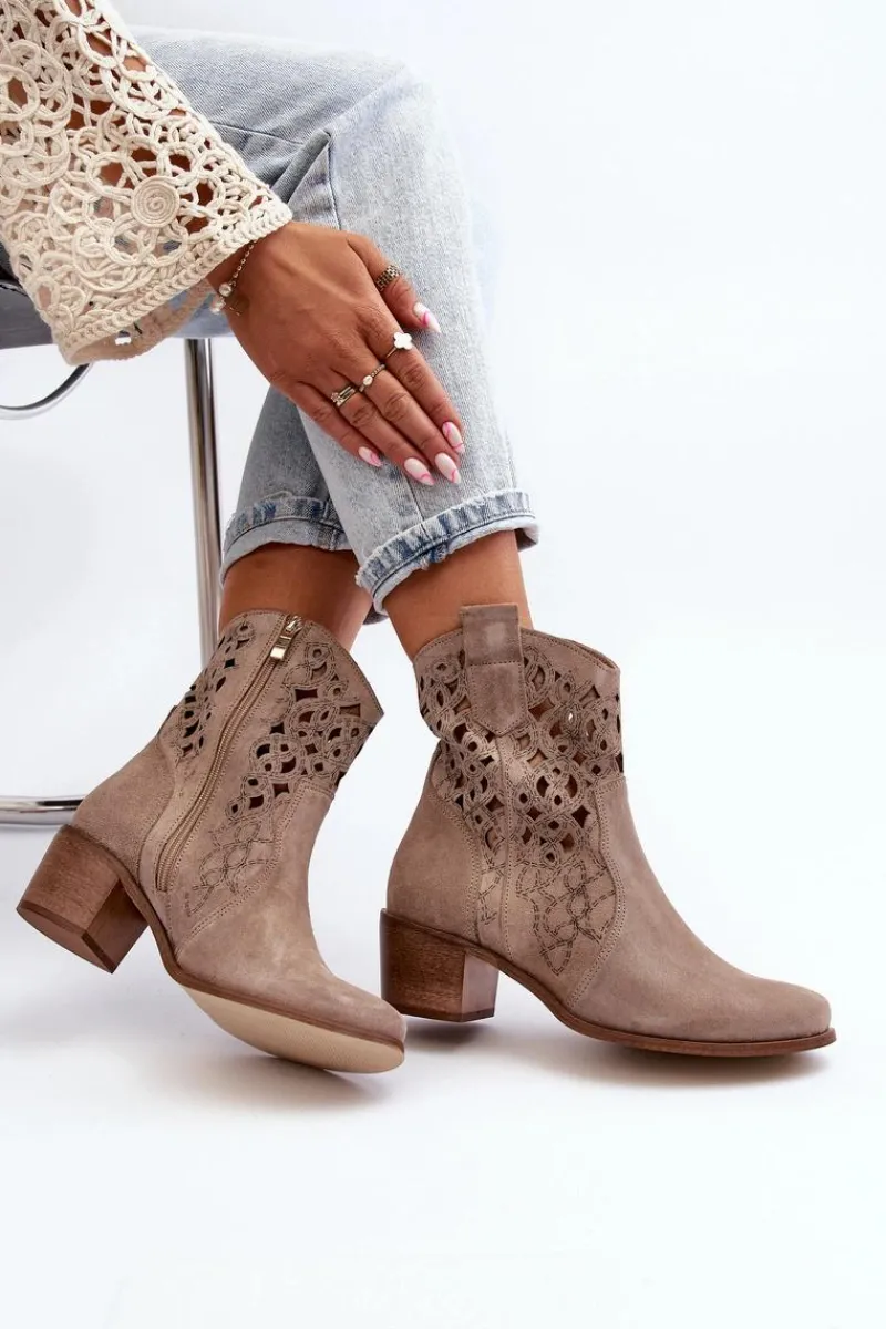 Discount 3394 Damskie Botki Na Obcasie Ażurowe Cappucino Damskie Botki Wiosenne|Botki Skórzane
