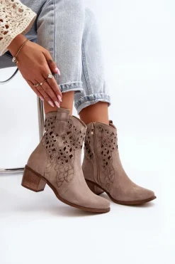 Discount 3394 Damskie Botki Na Obcasie Ażurowe Cappucino Damskie Botki Wiosenne|Botki Skórzane