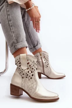 Outlet Zazoo 3394 Damskie Botki Na Obcasie Ażurowe Złote