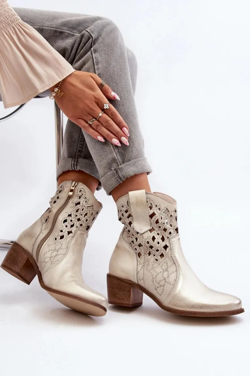 Outlet Zazoo 3394 Damskie Botki Na Obcasie Ażurowe Złote