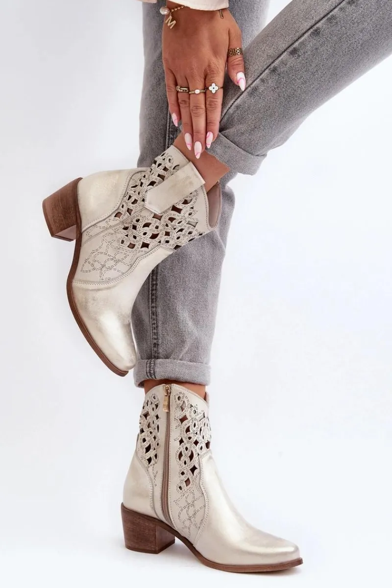 Outlet Zazoo 3394 Damskie Botki Na Obcasie Ażurowe Złote