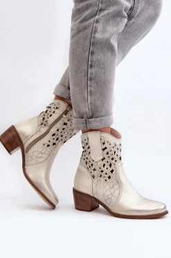 Outlet Zazoo 3394 Damskie Botki Na Obcasie Ażurowe Złote
