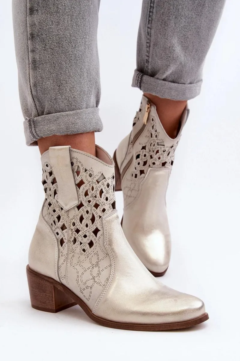 Outlet Zazoo 3394 Damskie Botki Na Obcasie Ażurowe Złote