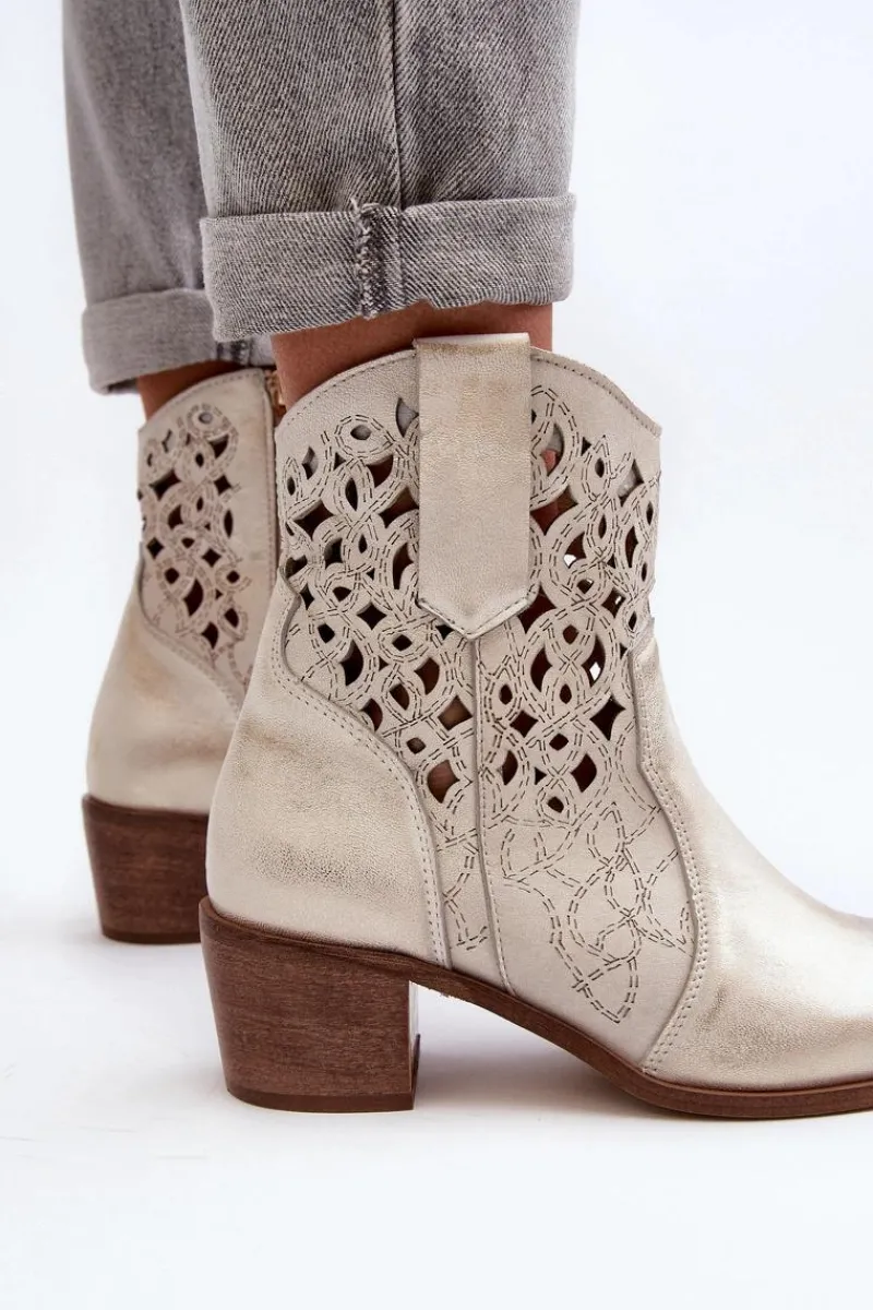 Outlet Zazoo 3394 Damskie Botki Na Obcasie Ażurowe Złote