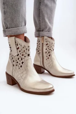 Outlet Zazoo 3394 Damskie Botki Na Obcasie Ażurowe Złote