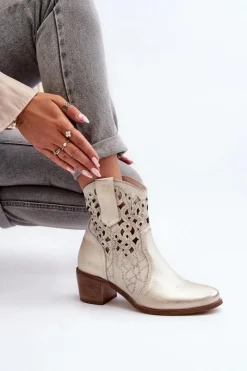 Outlet Zazoo 3394 Damskie Botki Na Obcasie Ażurowe Złote