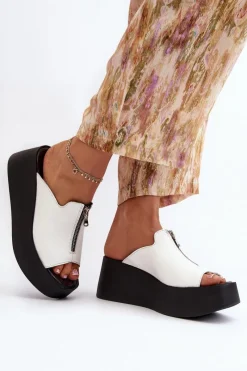 Sale Zazoo 2916 Damskie Klapki Na Masywnej Platformie Z Suwakiem Białe Biały