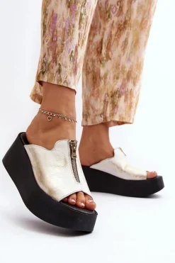 Sale 2916 Damskie Klapki Na Masywnej Platformie Z Suwakiem Złote Damskie Klapki Na Platformie|Klapki Damskie Klasyczne