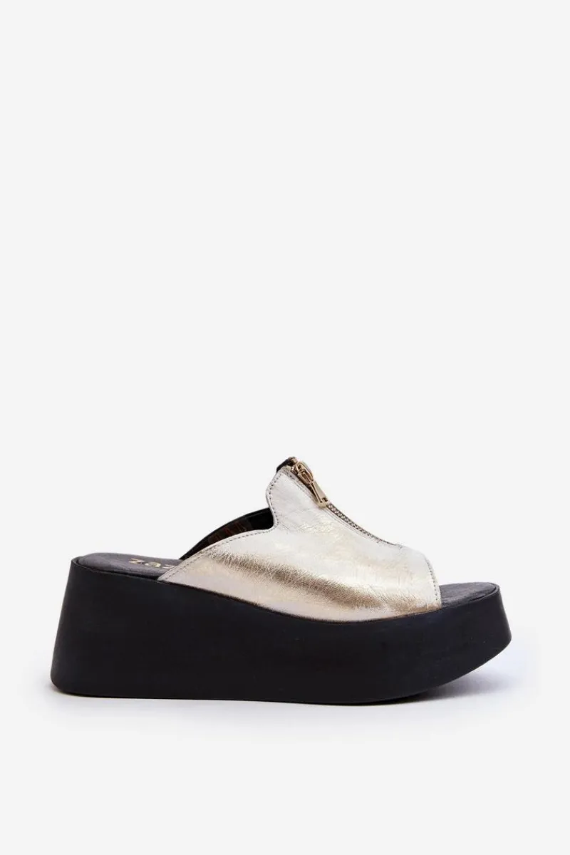 Sale 2916 Damskie Klapki Na Masywnej Platformie Z Suwakiem Złote Damskie Klapki Na Platformie|Klapki Damskie Klasyczne