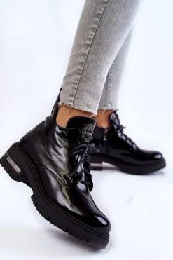 New Zazoo 60309 Damskie Lakierowane Botki Na Płaskim Obcasie Czarne Damskie Botki Skórzane|Botki Sznurowane