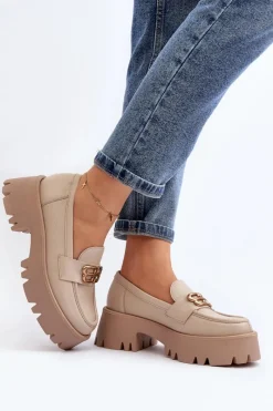 Best 20164 Damskie Loafersy Ze Skóry Naturalnej Beżowe Damskie Loafersy Damskie|Mokasyny Damskie Lakierowane