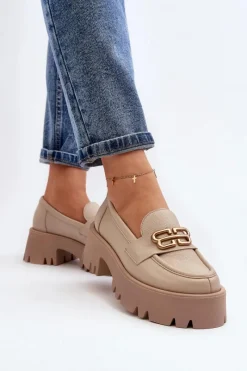 Best 20164 Damskie Loafersy Ze Skóry Naturalnej Beżowe Damskie Loafersy Damskie|Mokasyny Damskie Lakierowane