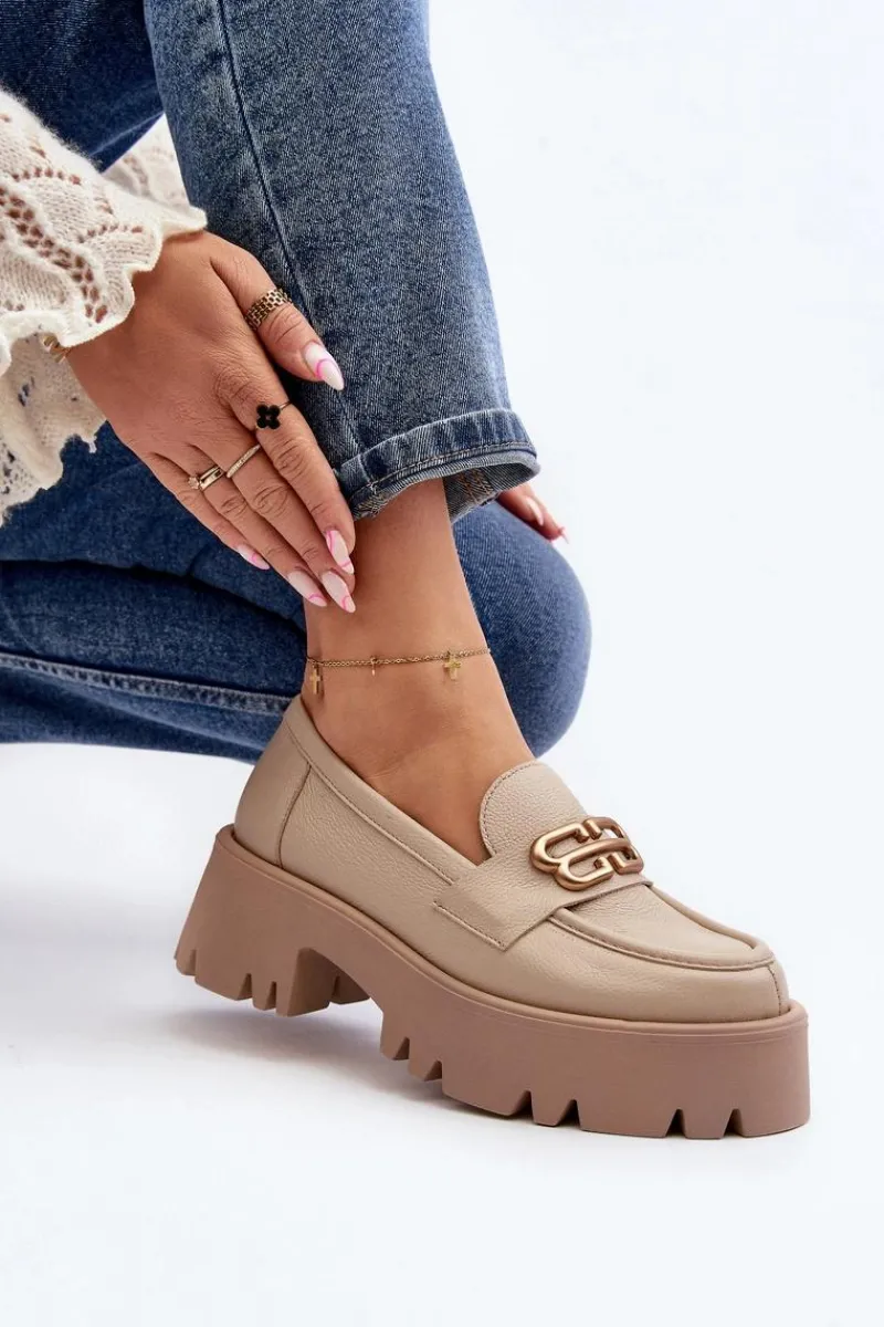 Best 20164 Damskie Loafersy Ze Skóry Naturalnej Beżowe Damskie Loafersy Damskie|Mokasyny Damskie Lakierowane