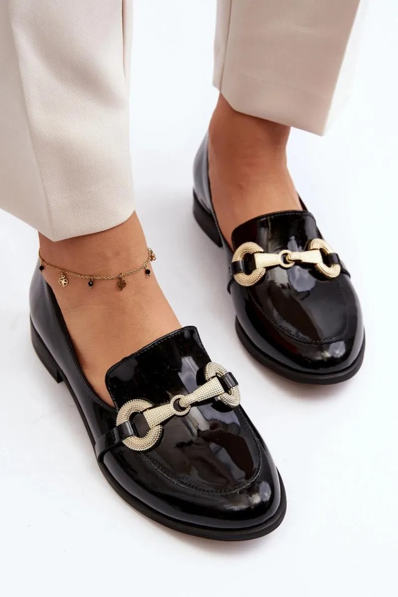 Loafersy Damskie|Mokasyny Płaskie>Zazoo 2880 Damskie Mokasyny Lakierowane Z Ozdobą Czarne Czarny