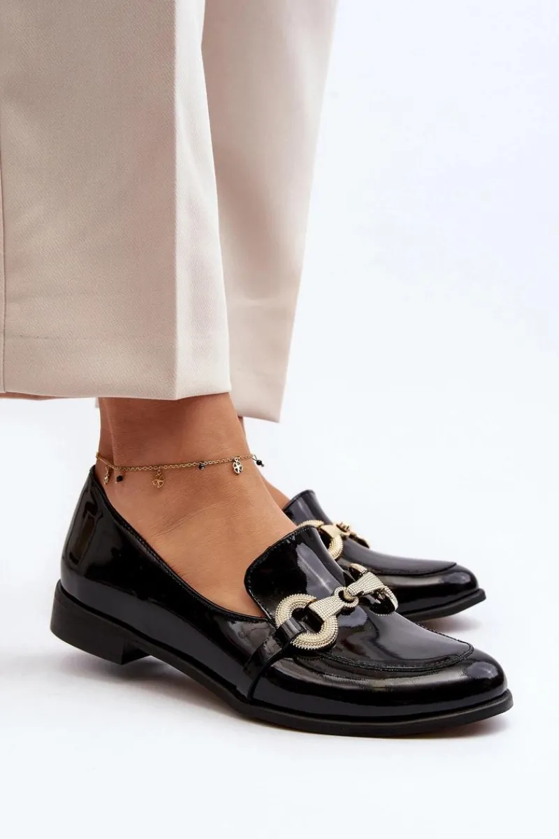 Loafersy Damskie|Mokasyny Płaskie>Zazoo 2880 Damskie Mokasyny Lakierowane Z Ozdobą Czarne Czarny