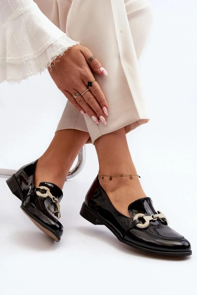 Loafersy Damskie|Mokasyny Płaskie>Zazoo 2880 Damskie Mokasyny Lakierowane Z Ozdobą Czarne Czarny