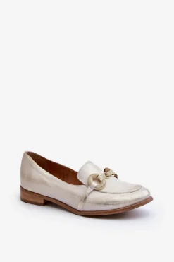 Discount Zazoo 2880 Damskie Mokasyny Skórzane Z Ozdobą Złote Złoty