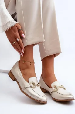 Discount Zazoo 2880 Damskie Mokasyny Skórzane Z Ozdobą Złote Złoty