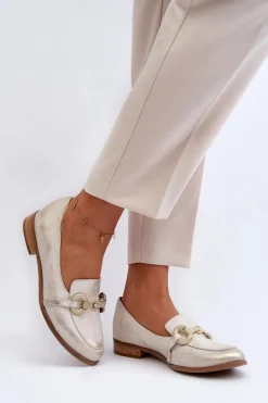 Discount Zazoo 2880 Damskie Mokasyny Skórzane Z Ozdobą Złote Złoty