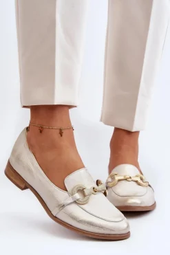 Discount Zazoo 2880 Damskie Mokasyny Skórzane Z Ozdobą Złote Złoty