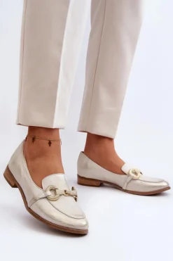 Discount Zazoo 2880 Damskie Mokasyny Skórzane Z Ozdobą Złote Złoty