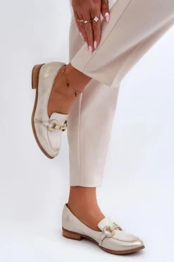 Discount Zazoo 2880 Damskie Mokasyny Skórzane Z Ozdobą Złote Złoty