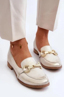 Discount Zazoo 2880 Damskie Mokasyny Skórzane Z Ozdobą Złote Złoty