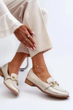 Discount Zazoo 2880 Damskie Mokasyny Skórzane Z Ozdobą Złote Złoty