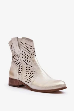 Hot Boto Zazoo 3305/2 Damskie Skórzane Ażurowe Botki Kowbojki Złote