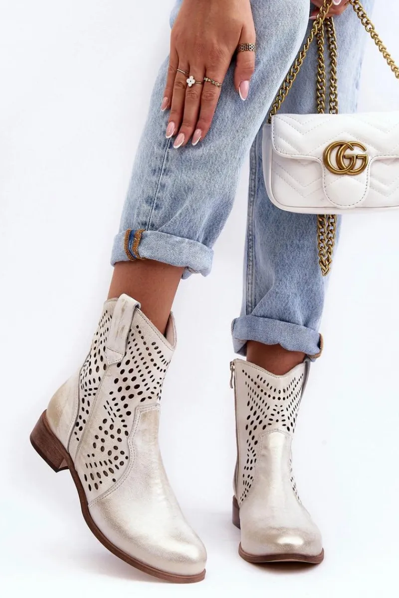 Hot Boto Zazoo 3305/2 Damskie Skórzane Ażurowe Botki Kowbojki Złote